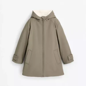 Rubberised coat with faux fur interior